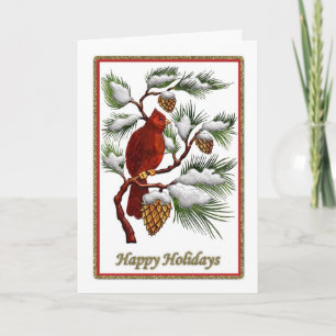 Happy Holidays - Roter Kardinal mit Kiefern Feiertagskarte