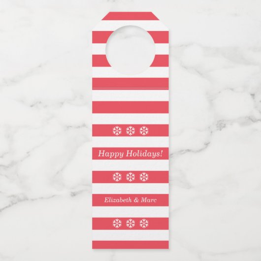 Happy Holidays Roter Streifen Schneeflocken Wein Flaschenanhänger (Vorderseite)