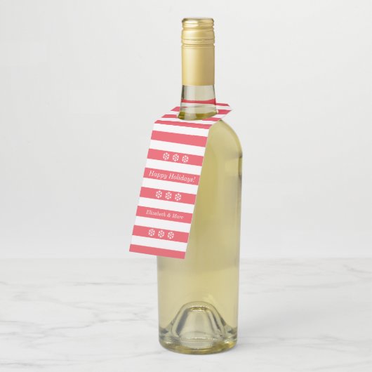 Happy Holidays Roter Streifen Schneeflocken Wein Flaschenanhänger (Angewinkelt)