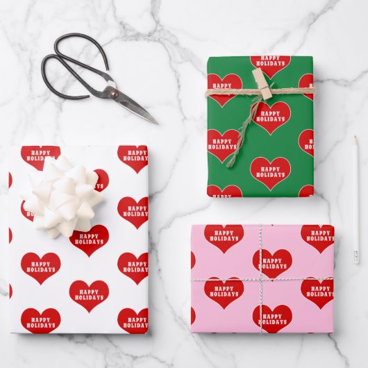 HAPPY HOLIDAYS Rotes Liebe Herz Geschenkpapier Set (Vorderseite)