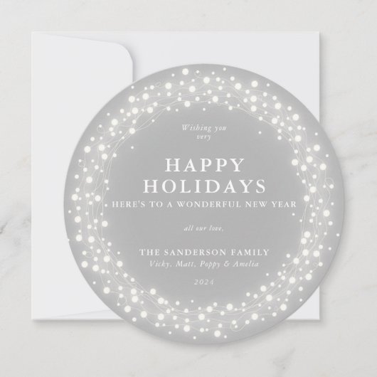 Happy Holidays Runde graue Lichter Feiertagskarte (Vorderseite)