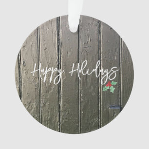 Happy Holidays Rustic Black Barn Door Holly FOTO Ornament
