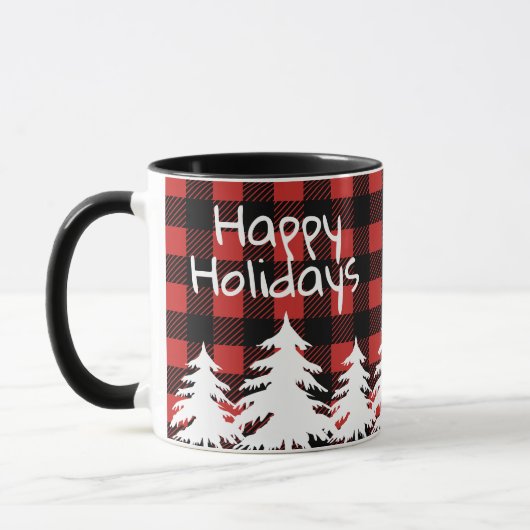 Happy Holidays Rustic Buffalo Karierte & weiße Bäu Tasse (Links)