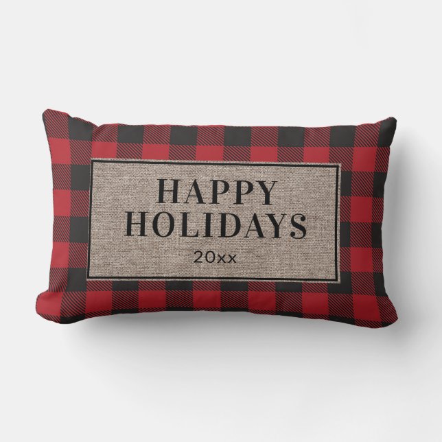 Happy Holidays Rustic Red Buffalo Kariert Burlap Lendenkissen (Vorderseite)