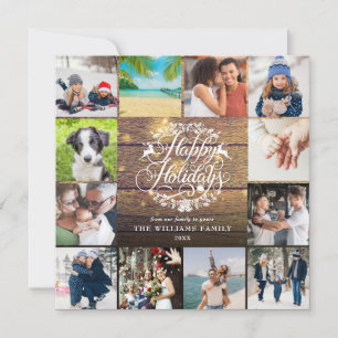 Happy Holidays Rustic Wood 12 Foto Collage Feiertagskarte