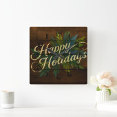 Happy Holidays Rustikale Holzplatten in blau gestr Quadratische Wanduhr (Zuhause)