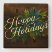 Happy Holidays Rustikale Holzplatten in blau gestr Quadratische Wanduhr (Vorderseite)