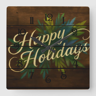 Happy Holidays Rustikale Holzplatten in blau gestr Quadratische Wanduhr