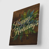 Happy Holidays Rustikale Holzplatten in blau gestr Quadratische Wanduhr (Winkel)