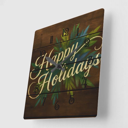 Happy Holidays Rustikale Holzplatten in blau gestr Quadratische Wanduhr (Winkel)