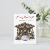 Happy Holidays Rustikale neue Zuhause Fronttür bew Ankündigungspostkarte (Stehend Vorderseite)