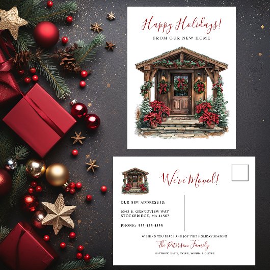 Happy Holidays Rustikale neue Zuhause Fronttür bew Ankündigungspostkarte