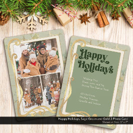 Happy Holidays Sage Green und Gold 3 Foto Card Feiertagskarte