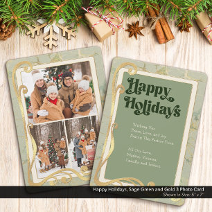 Happy Holidays Sage Green und Gold 3 Foto Card Feiertagskarte