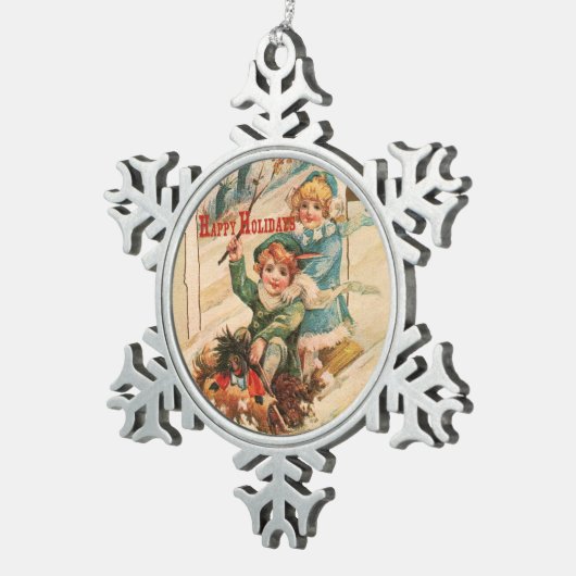 Happy Holidays Schneeflocken Zinn-Ornament (Rechts)