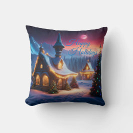 Happy Holidays Schneekabine und Weihnachtsbäume Kissen