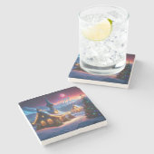 Happy Holidays Schneekabine und Weihnachtsbäume Steinuntersetzer (Seitenansicht)