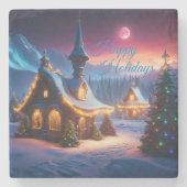 Happy Holidays Schneekabine und Weihnachtsbäume Steinuntersetzer (Vorderseite)