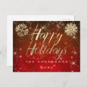 Happy Holidays Script Gold Snow Red Spark Name Postkarte (Vorne/Hinten)