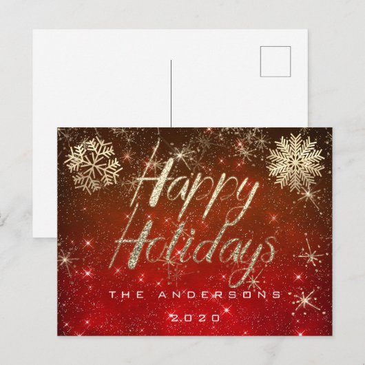 Happy Holidays Script Gold Snow Red Spark Name Postkarte (Vorne/Hinten)