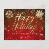 Happy Holidays Script Gold Snow Red Spark Name Postkarte (Vorderseite)
