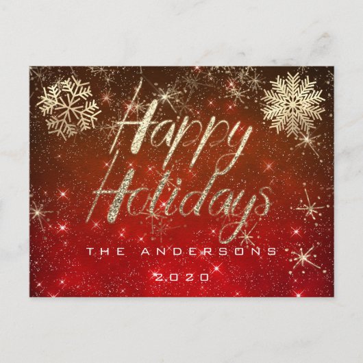 Happy Holidays Script Gold Snow Red Spark Name Postkarte (Vorderseite)