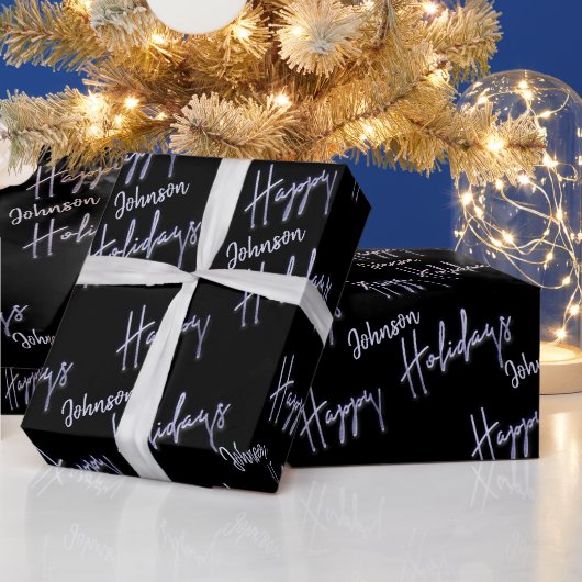 Happy Holidays Script Name Blue Navy Black Geschenkpapier (Feiertage)