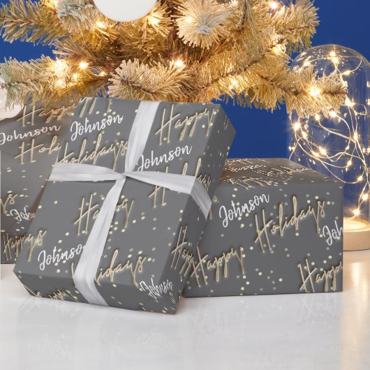 Happy Holidays Script Name Gold Confetti Gray Geschenkpapier (Feiertage)