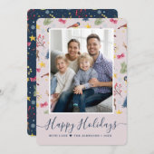 Happy Holidays Script Pattern Foto Feiertagskarte (Vorne/Hinten)