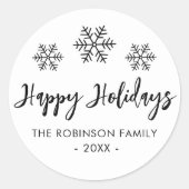 Happy Holidays Script Schwarz-weiß Snowflake Runder Aufkleber (Vorderseite)