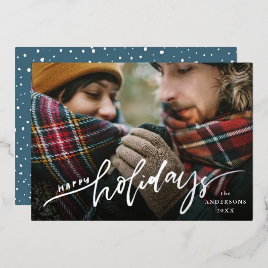 Happy Holidays Silver Script Foto Folien Feiertagskarte (Vorderseite/Rückseite)
