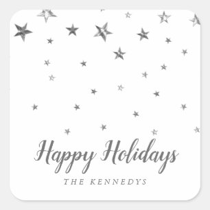 Happy Holidays Silver Stars Familie Name Weihnacht Quadratischer Aufkleber