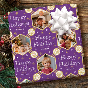 Happy Holidays Snowflake Foto Lila Gold Geschenkpapier