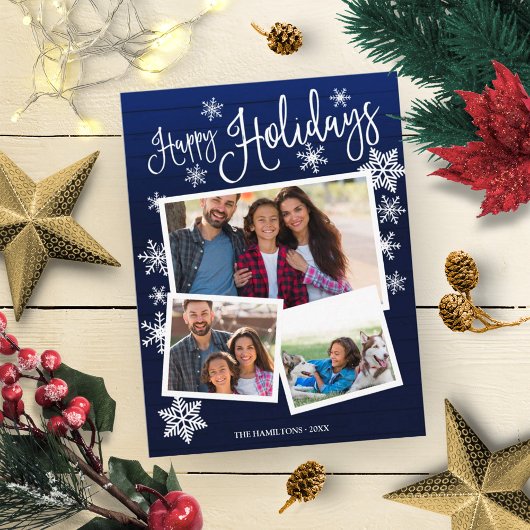 Happy Holidays Snowflake Rustic 3 Fotos Postkarte