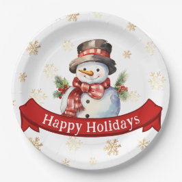 Happy Holidays Snowman Red & Gold Weihnachtsfest P Pappteller