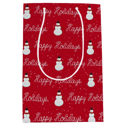 Happy Holidays Snowman und Seiltext auf rot Mittlere Geschenktüte (Vorderseite)