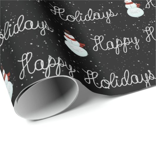 Happy Holidays Snowman und Seiltext auf schwarz Geschenkpapier (Rolleneckpunkt)