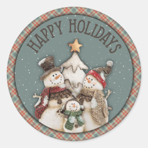 Happy Holidays Snowmen Runder Aufkleber