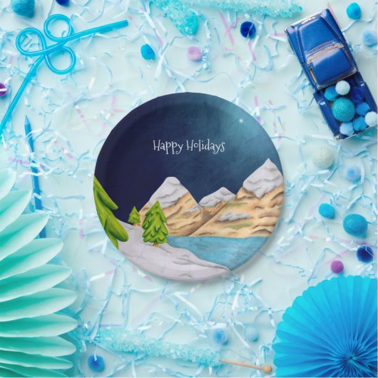 Happy Holidays Snowy Mountain Starry Night Pappteller (Party)