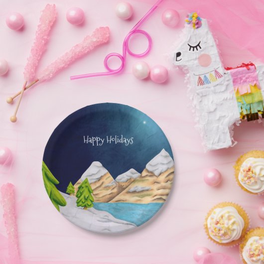 Happy Holidays Snowy Mountain Starry Night Pappteller (Party)