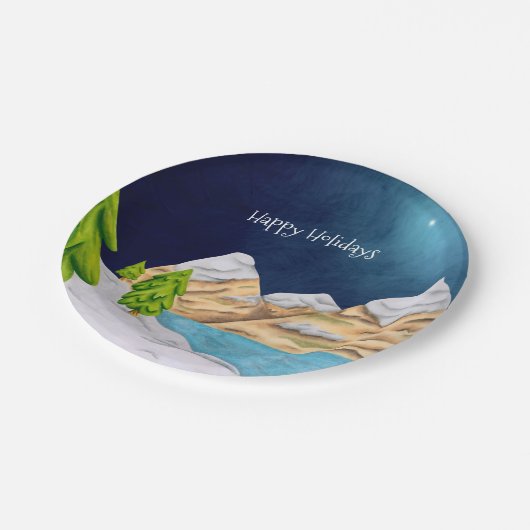Happy Holidays Snowy Mountain Starry Night Pappteller (Schrägansicht)