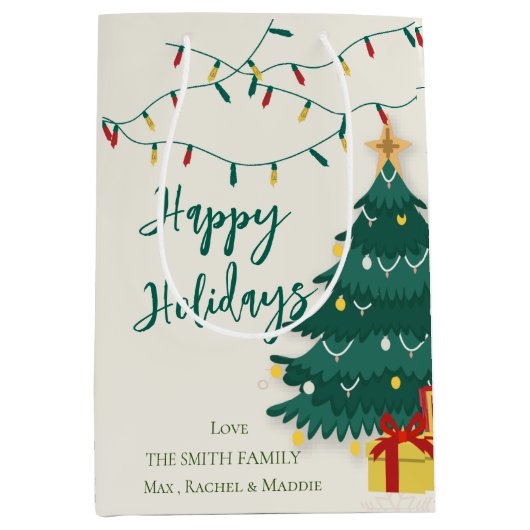 Happy Holidays String Lights Tree Niedliches Weihn Mittlere Geschenktüte (Vorderseite)