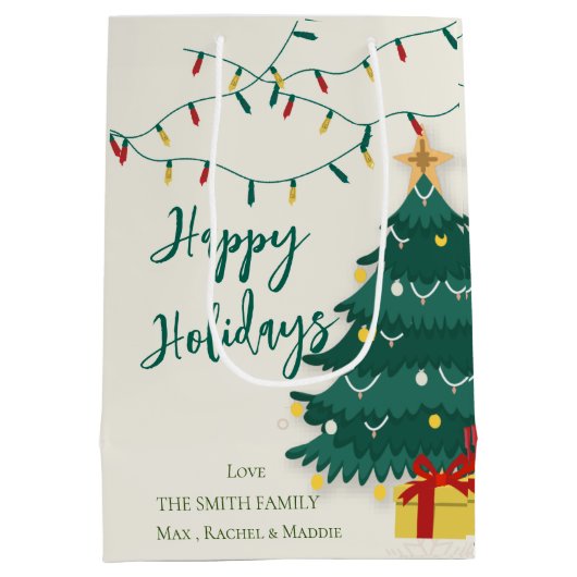 Happy Holidays String Lights Tree Niedliches Weihn Mittlere Geschenktüte (Rückseite)