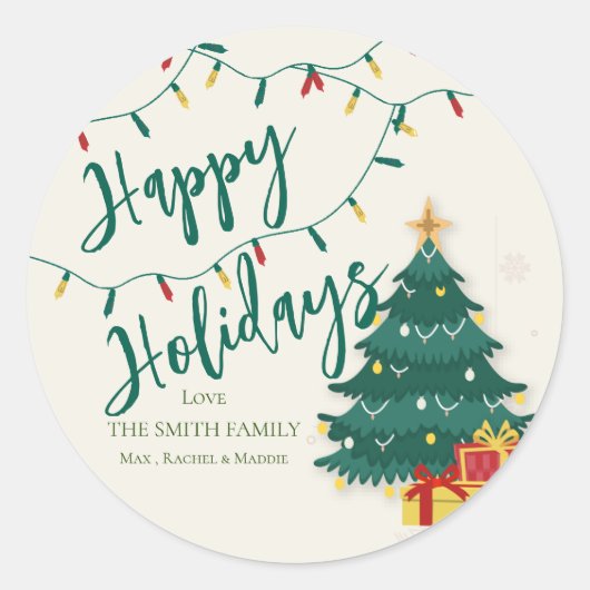 Happy Holidays String Lights Tree Niedliches Weihn Runder Aufkleber (Vorderseite)