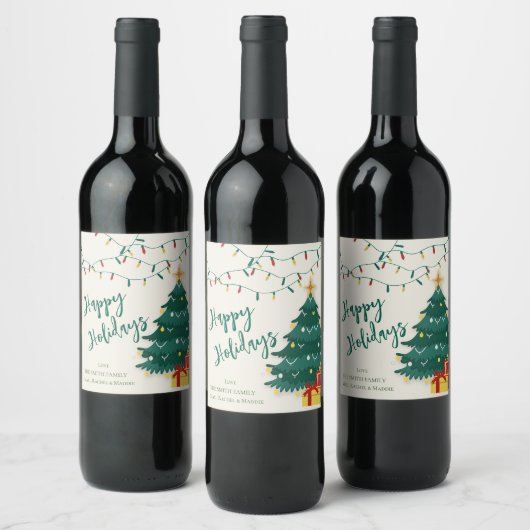Happy Holidays String Lights Tree Niedliches Weihn Weinetikett (Flaschen)