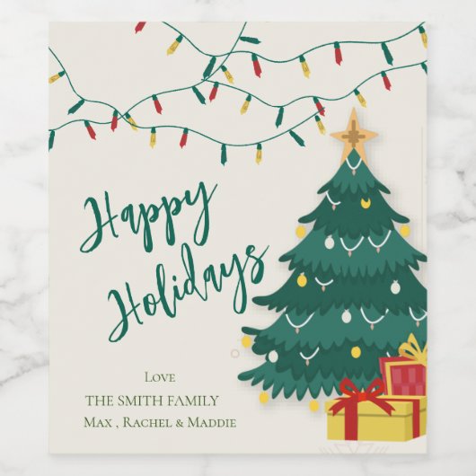 Happy Holidays String Lights Tree Niedliches Weihn Weinetikett (Einzelnes Label)