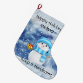 Happy Holidays Strumpf Snowman Behielt es Handsome Großer Weihnachtsstrumpf (Vorderansicht (hängend))