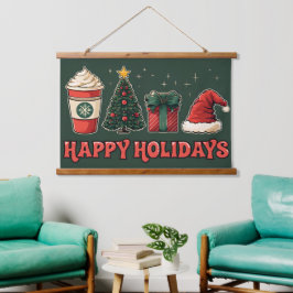 Happy Holidays Tapestry - Retro Christmas Wall Art Wandteppich Mit Holzrahmen