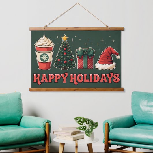 Happy Holidays Tapestry - Retro Christmas Wall Art Wandteppich Mit Holzrahmen (Wohnzimmer)