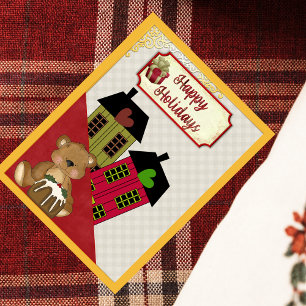 Happy Holidays Teddy Bear Heart Homes Retro Feiertagspostkarte